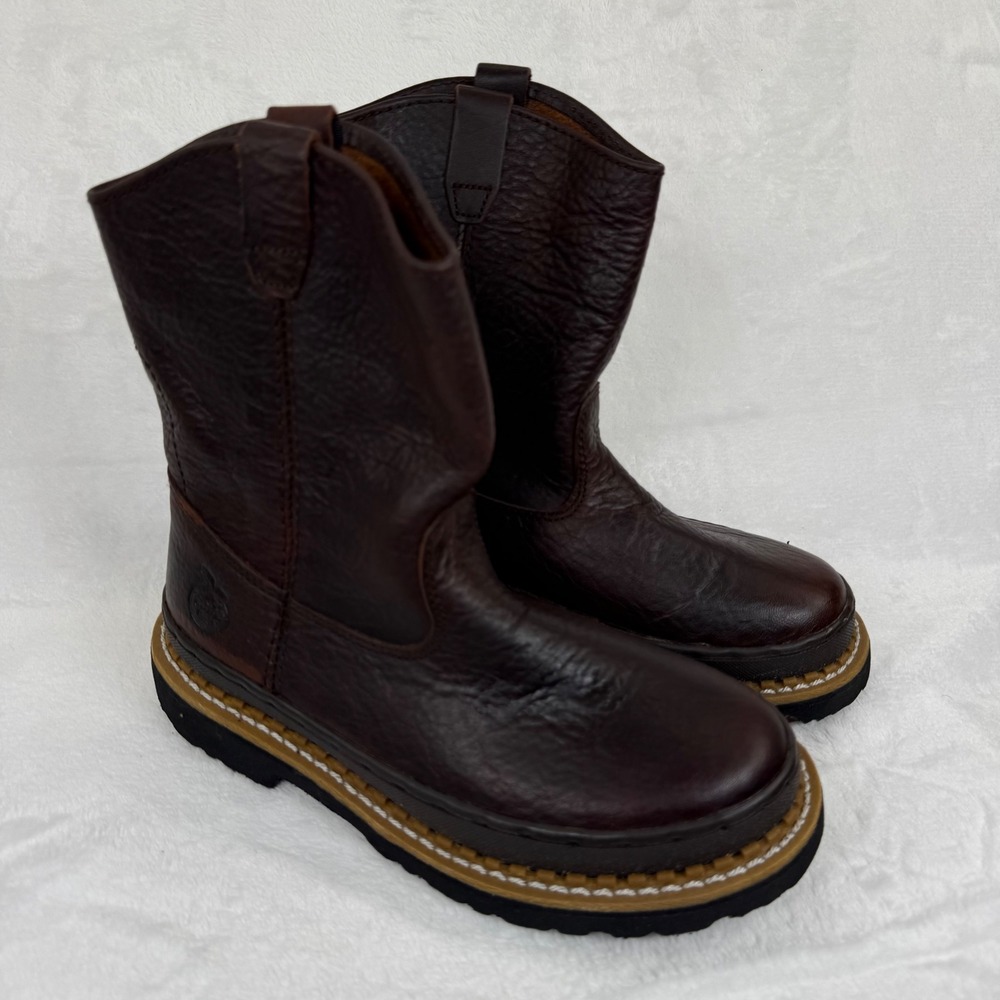 Georgia Boot Wellington Dark Brown Tumbled‎ Leather Pull On Work Boots Kids Sz 4